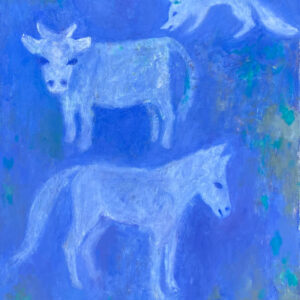 BLAUES BILD MIT KUH, PFERD UND FUCHS | 70 × 60 cm, Öl auf Leinwand, 2024